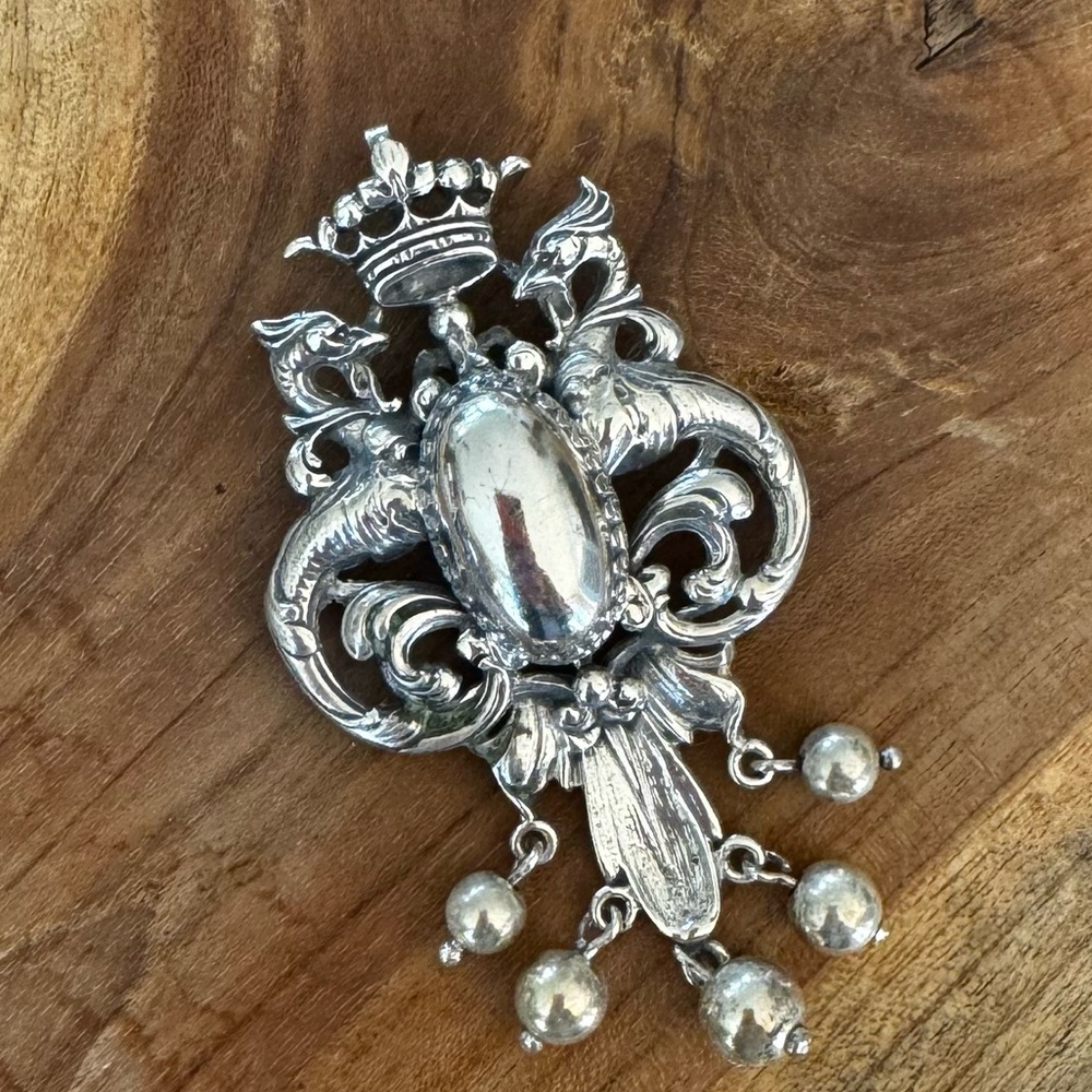 Cini Sterling Silver Brooch, Art Nouveau Griffen Dragon & Crown Dangle Pendant